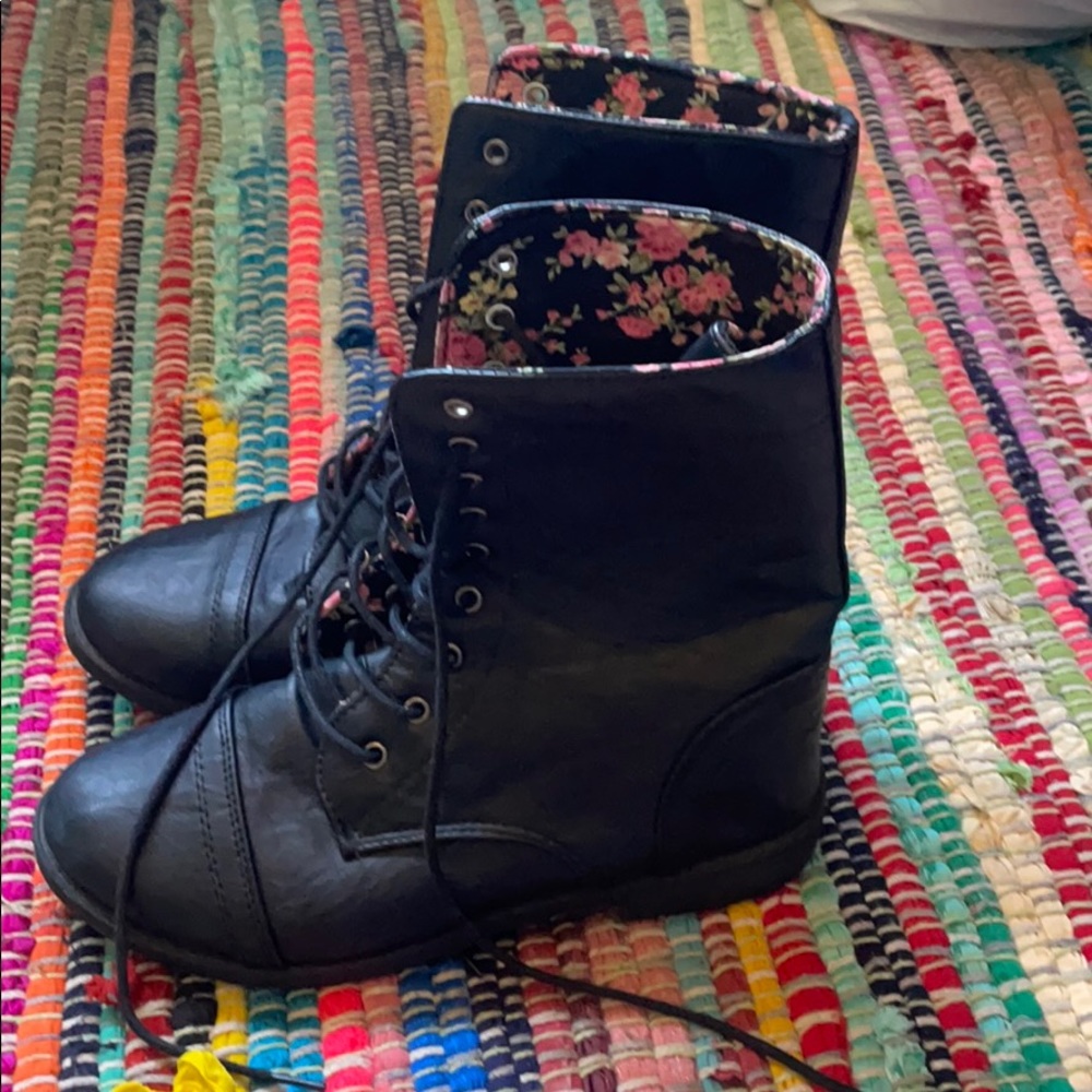 Black combat boots floral lining